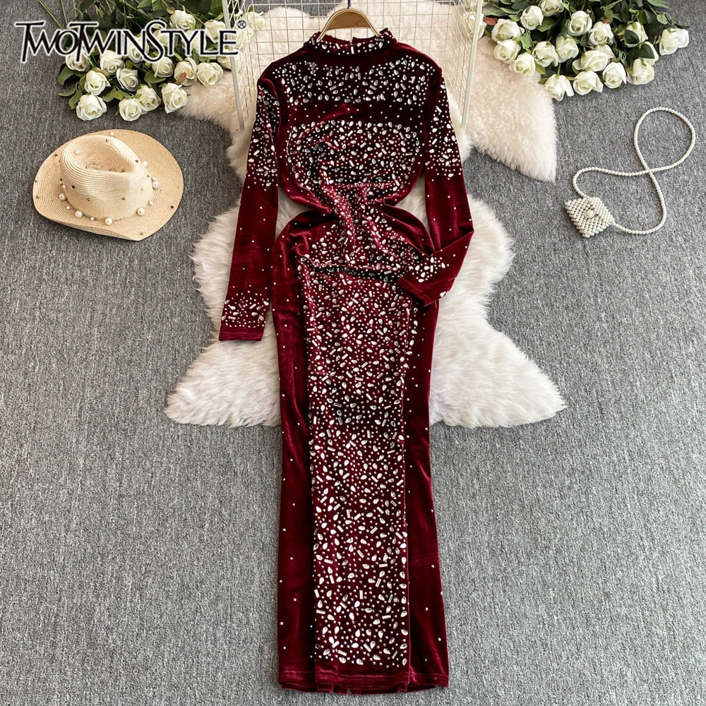 TWOTWINSTYLE Patchwork Diamonds Slim Dress For Women Stand Collar Long Sleeve High Waist Split Formal Dresses Female KDR513431