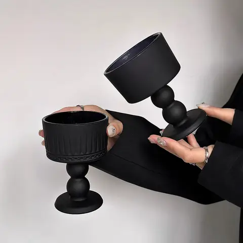 Wabi Sabi Matte Black Glass Goblet - French Vintage Wine Chalice with Handcrafted Elegant Stemware for Whiskey/Champagne