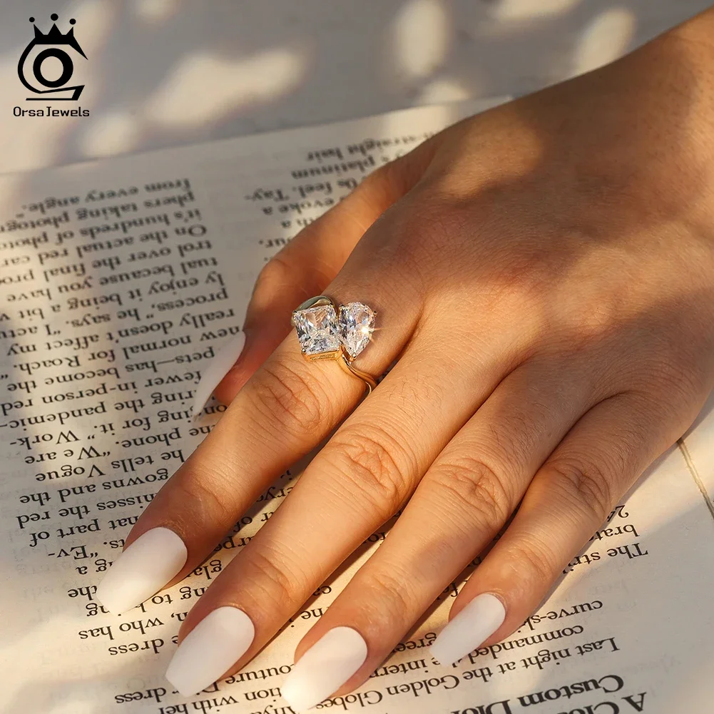 

ORSA JEWELS Sparkling Double 8A Premium Cubic Zirconia S925 Silver Open Ring Luxury Adjustable Finger Jewelry For Party LZR42