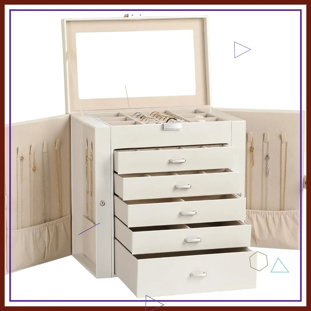 

6-уровневый органайзер для украшений из искусственной кожи с зеркалом, многофункциональный футляр для хранения ожерелий, браслетов и часов, жемчужно-белый