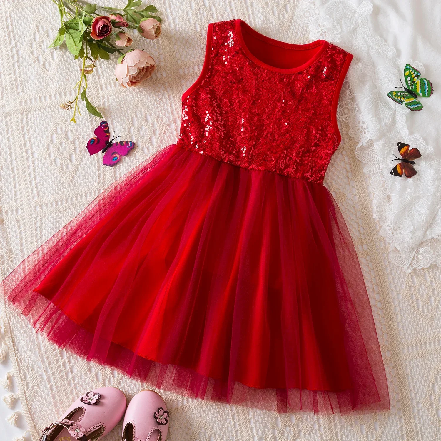 

2-6 Years Summer Dress for Kids Girls Tulle Princess Dress Baby Girl Red Christmas Sequin Dress Elegant Birthday Party Clothes