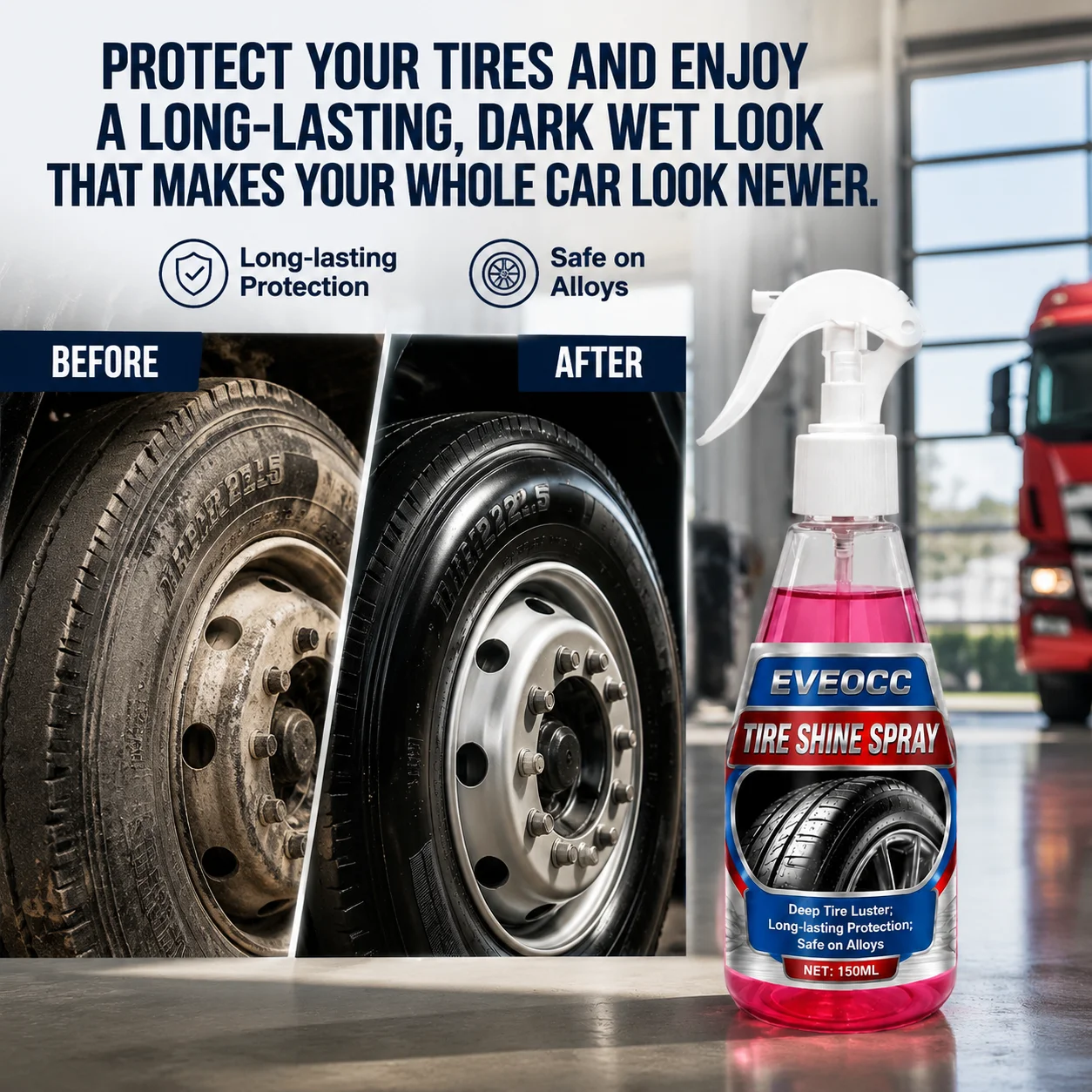 EVEOCC Auto Tire Shine Restorer Spray, Deep Tire Luster Long‑Lasting Protection Safe on Alloy Wheels