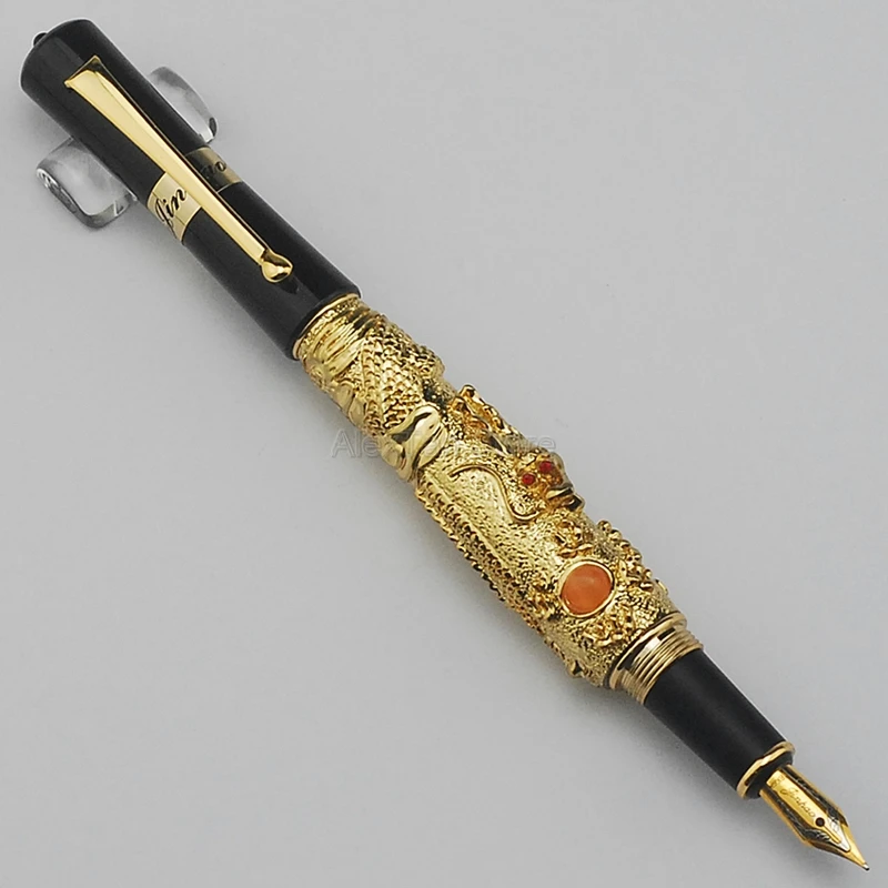 Jinhao Flying Dragon Ancient Fountain Pen, Metal Embossing Iridium Fine Nib Noble Golden Color Business For Office & School