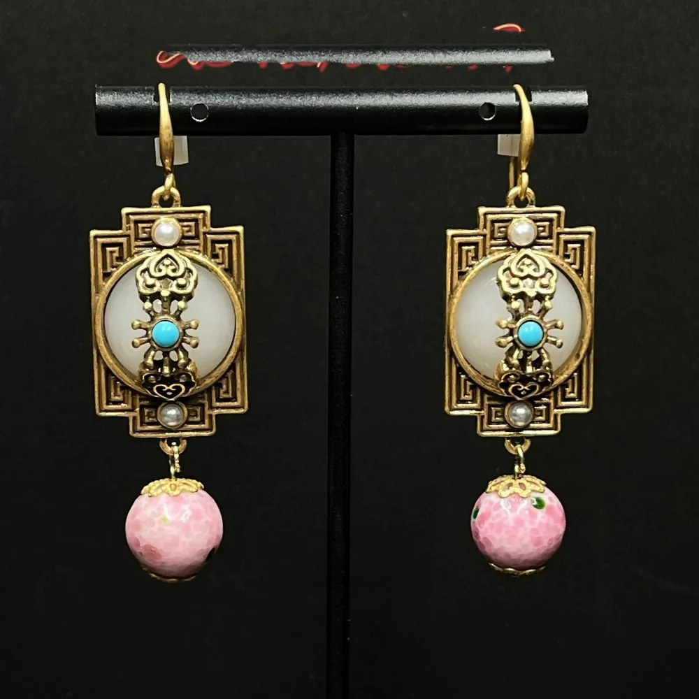 

Middle Ages New Russia Style Antique Imitation Jade Glass Beads Earrings Green Frog Skin Dotted Green Glass Beads Earrings