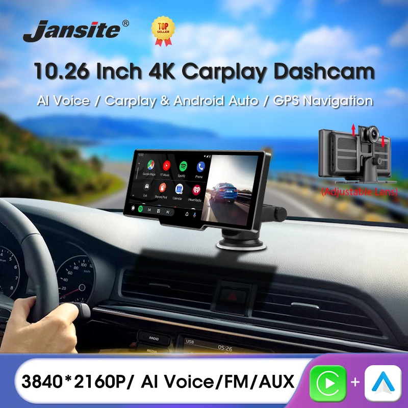 

Jansite 10.26 Inch Car Mirror Video Recording Carplay & Android Auto Wireless Connection GPS Navigation Dashboard DVR AI Voice