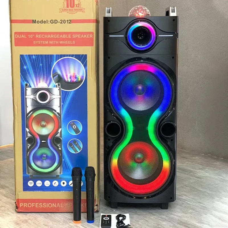 GD-2012 Latest party Speaker Box Double 10 Inch 50w Horn Big TWS Woofer Projection lamp Speaker With Remote Control