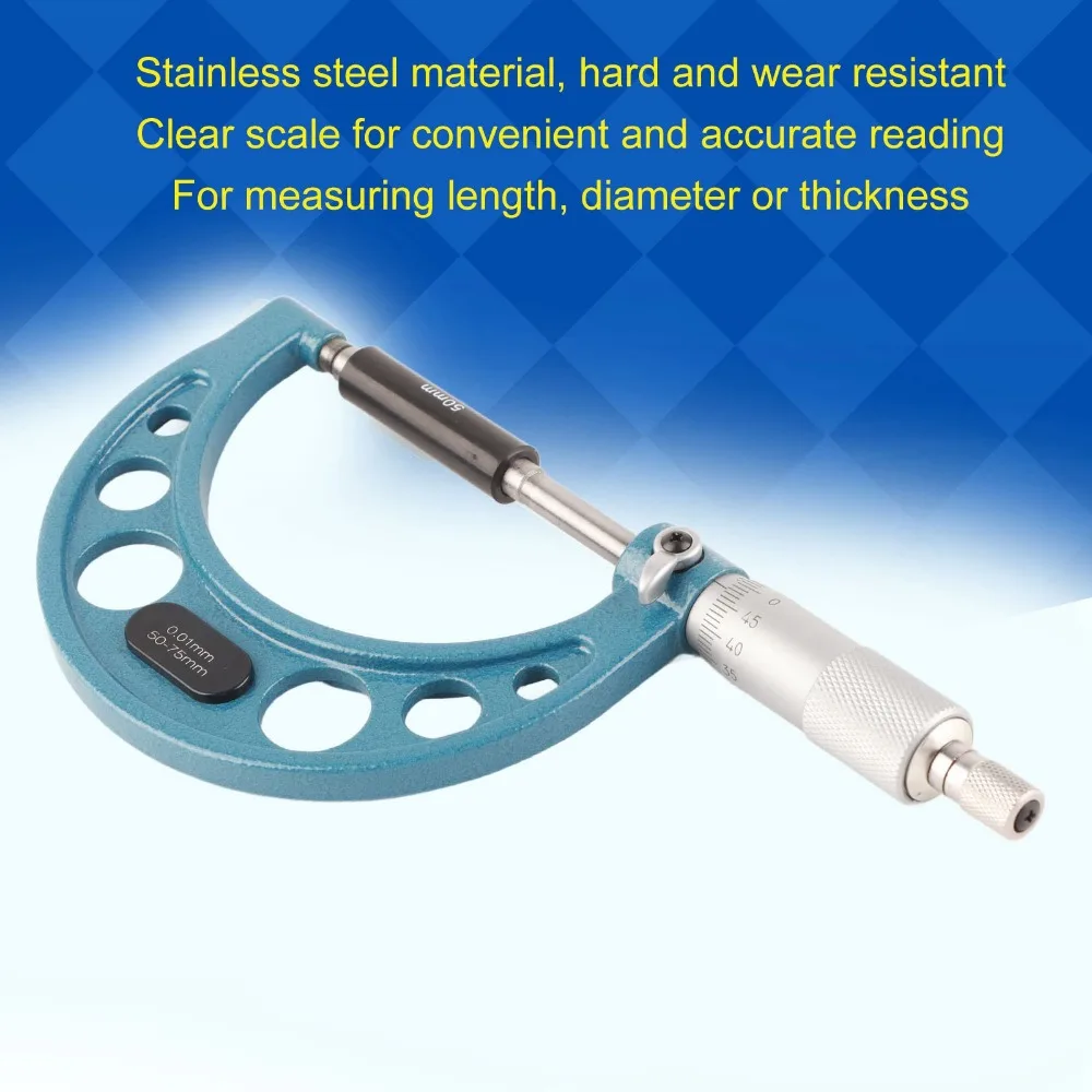 مقياس ميكرومتر خارجي من الفولاذ المقاوم للصدأ ، أداة قياس السُمك مع مفتاح ربط ، دقة عالية ، 0.01mm50-75