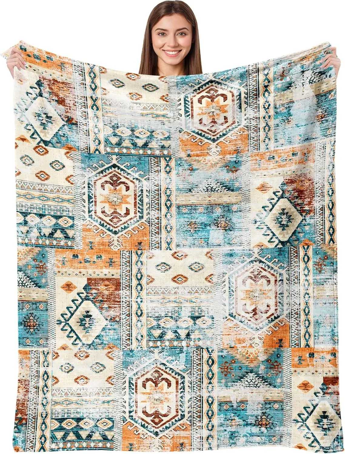 Chunky Flannel Throw Blanket Boho Tribal Geometric Pattern Fleece Cozy Throw for Couch Bed Home Decor Southwestern Decoration