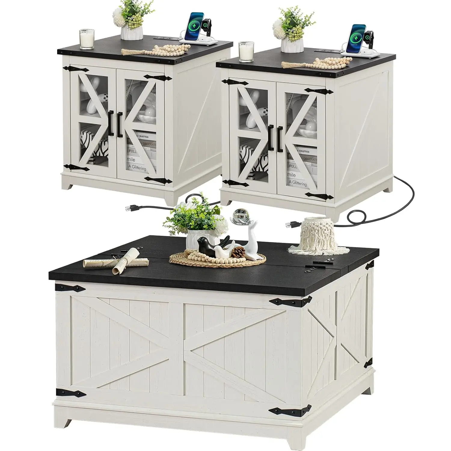 

3 Piece White Coffee Table Set with Charging Station Hidden Storage Wood Living Room Home Office Furniture, Customized