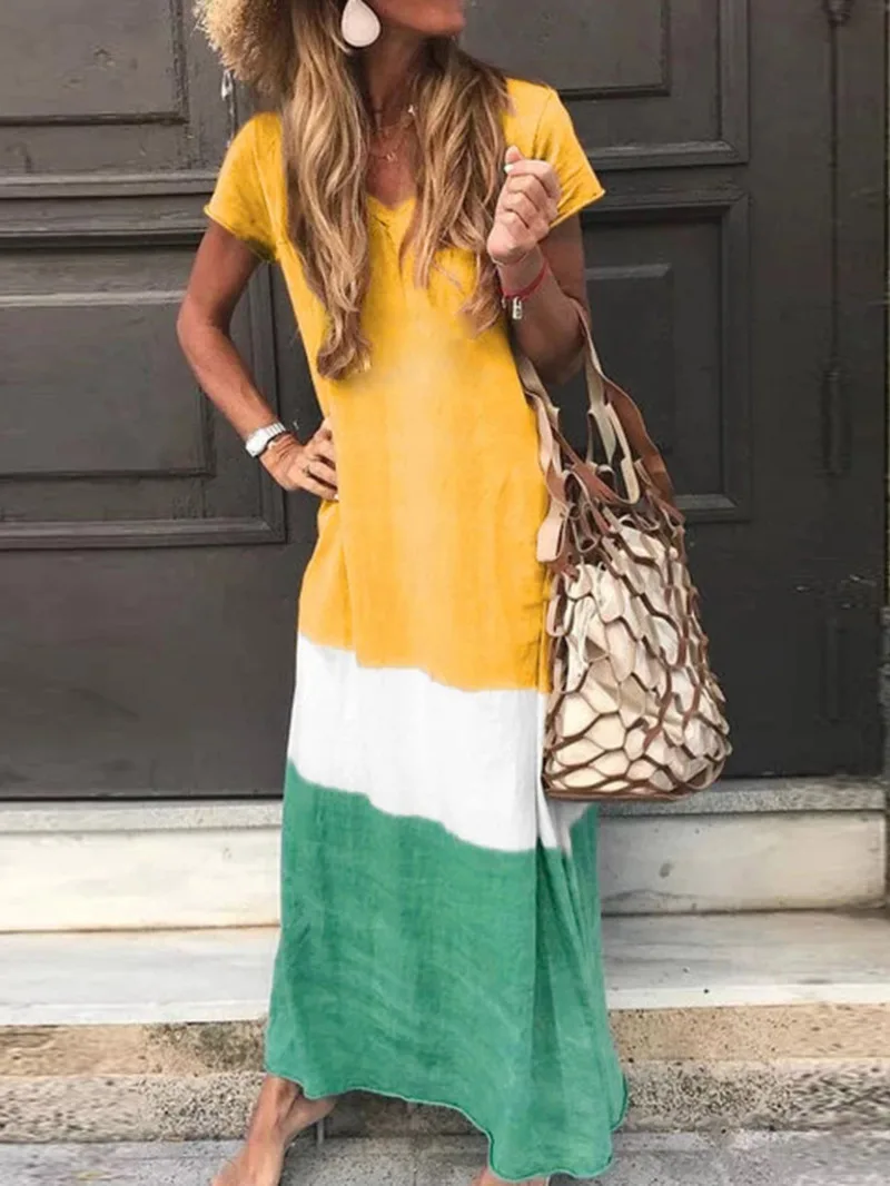 جديد وصول المرأة موضة فساتين طويلة الخامس الرقبة فستان كاجوال ملابس بأكمام قصيرة المرأة 2025 فستان طويل موضة جديدة المرأة BA8P