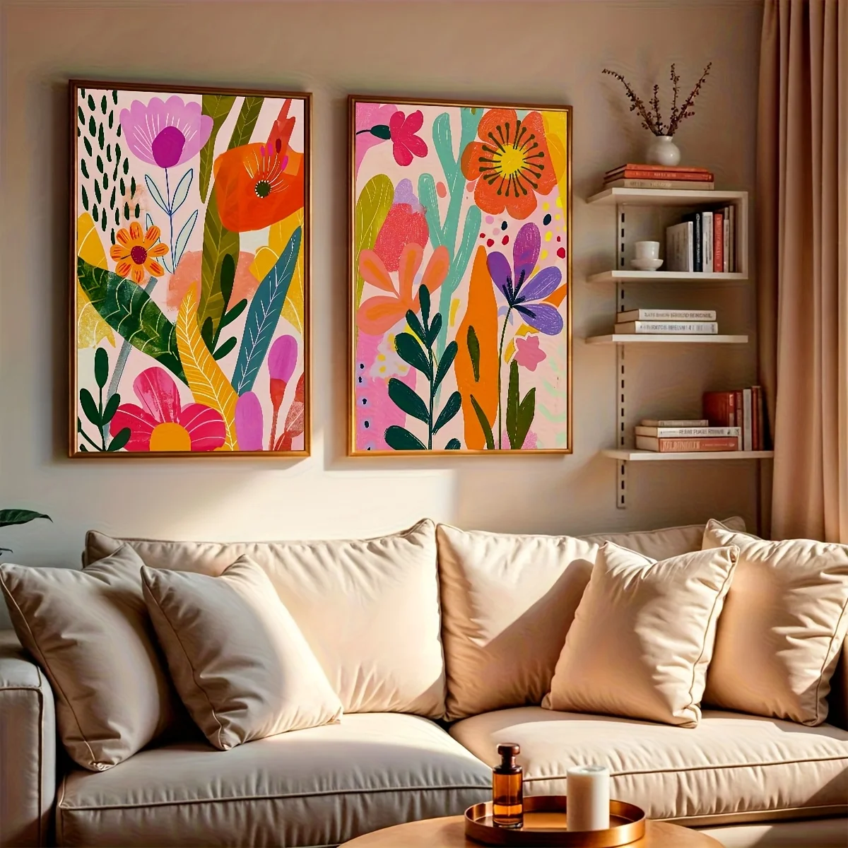 2-teiliges Set Bohemian Frühling Sommer Blumen Leinwanddruck Vertikaler Abstrakter Pflanzen-Blumen-Wandkunstdruck für Moderne Heimdekoration