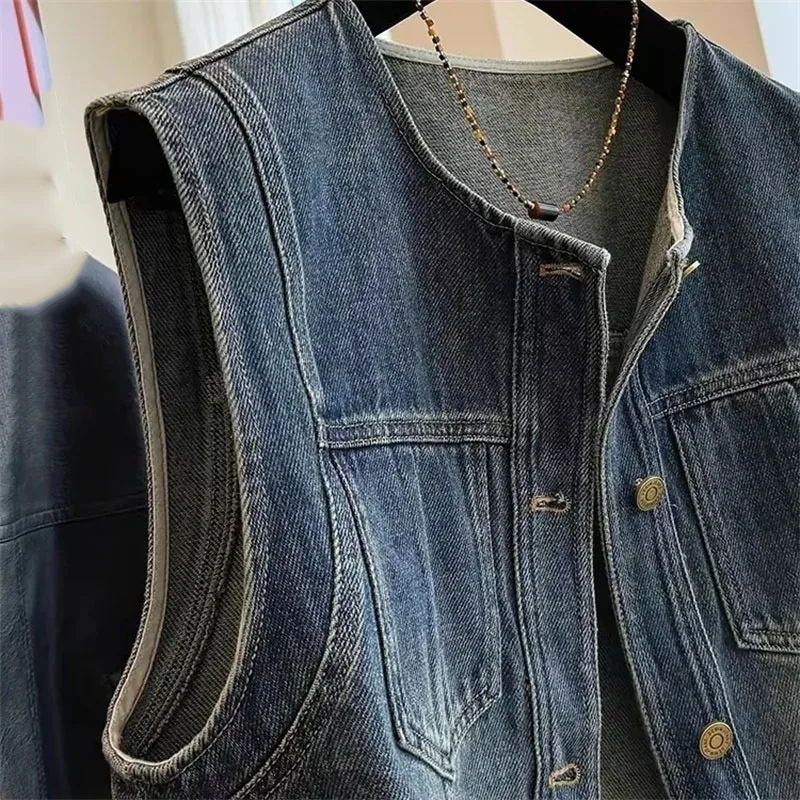Chaqueta vaquera sin mangas para mujer, nuevo ocio, chaleco vaquero azul lavado Retro, prendas de vestir, chaleco vaquero holgado para mujer de otoño