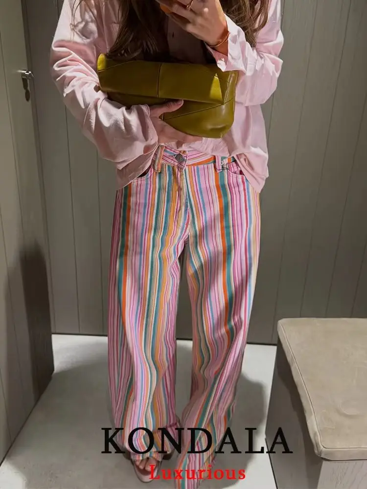 KONDALA Streetwear Damen Regenbogen-Streifen-Hose Damen Weite Bein-Hose mit Taschen Denim Damen Hose Mode 2026 Herbst Y2K Mädchen Partyhose – Detail 8