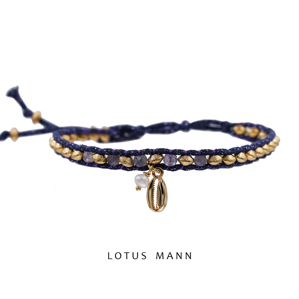 Sea's Love Cordierite Shell Pearl Pendant with Gold Beads Sparkling Silver Deep Blue Cotton Rope Woven Fine Bracelet lotus mann