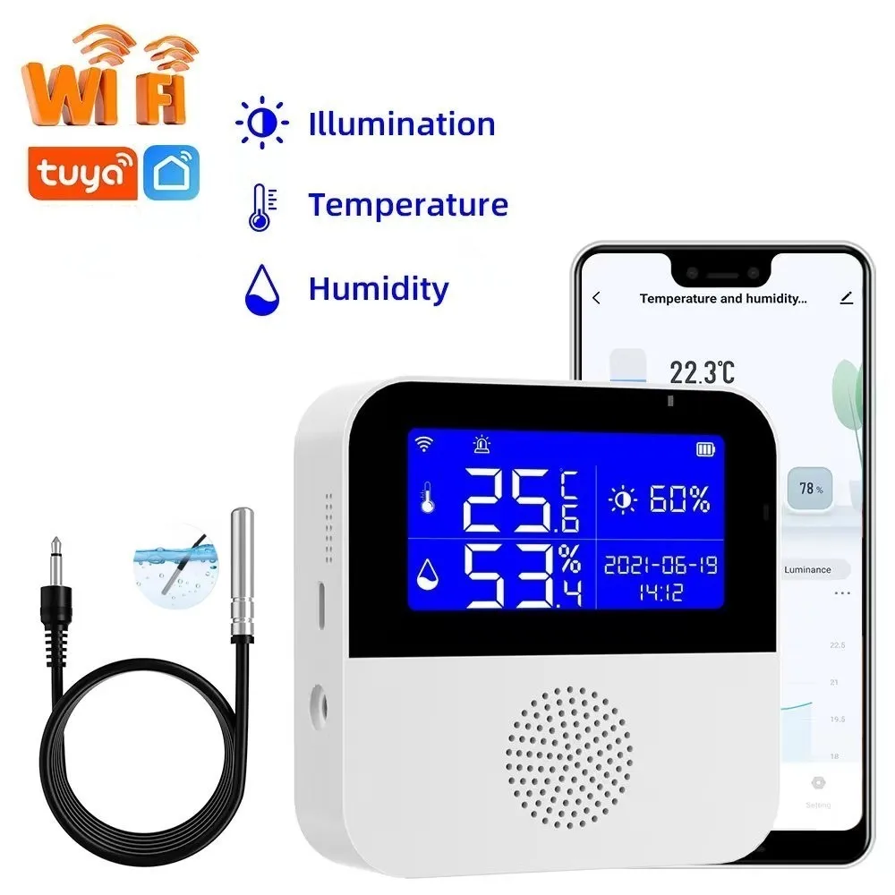 Tuya-Sensor de temperatura WiFi con sonda externa, Monitor remoto con pantalla LCD, alarma, termómetro interior, higrómetro, aplicación Smart Life