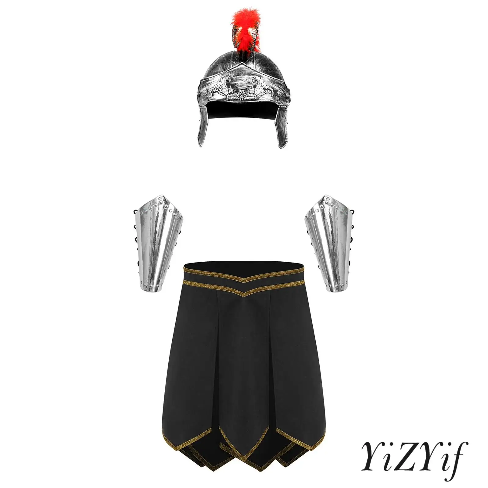 

Mens Romans Gladiator Spartan Warrior Cosplay Costume Gold Trim Armor Skirt And Crested Helmet And Arm Guards Halloween Costume