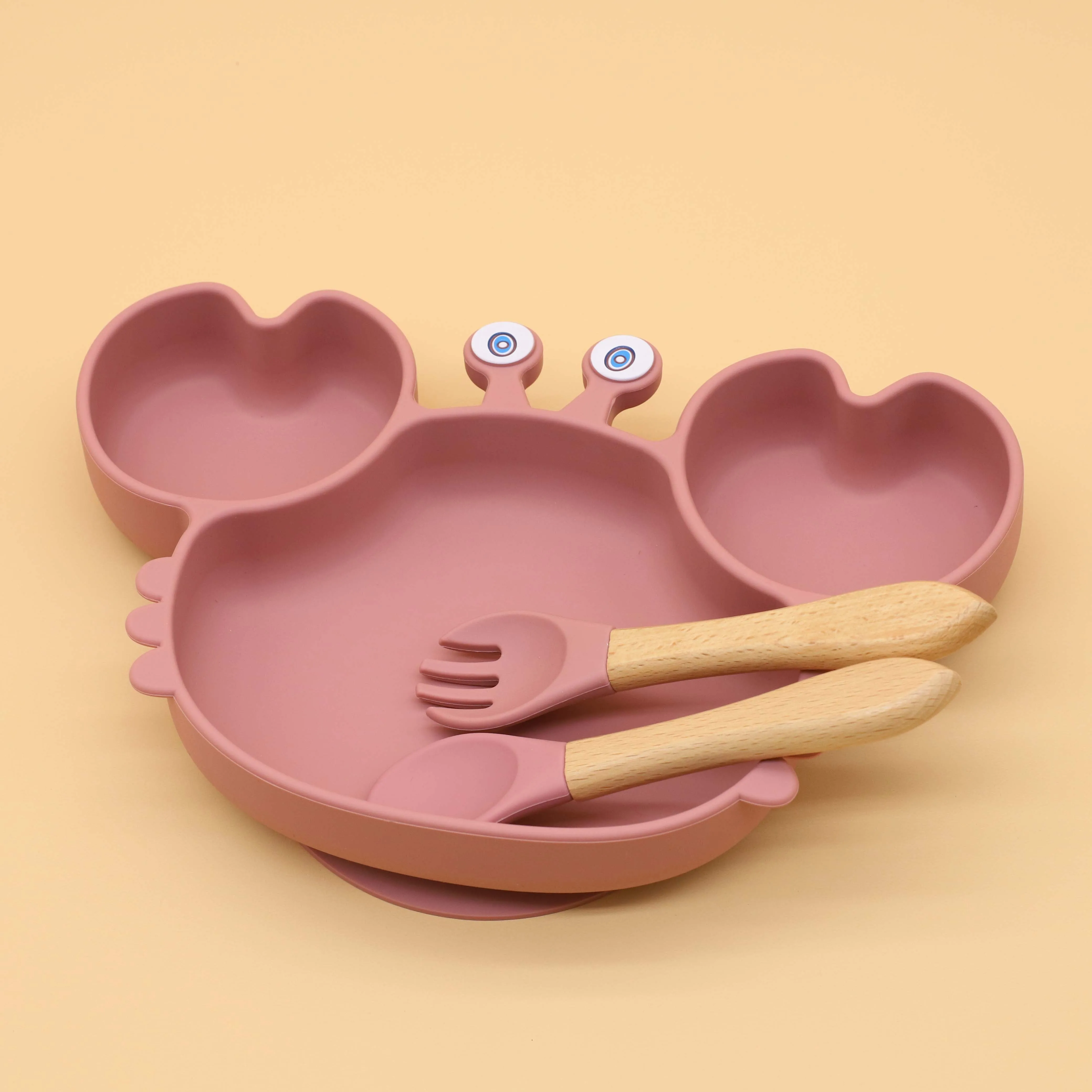 Cartoon Crab Silicone Dining Plate Divider Plate with Strong Suction Power Baby Auxiliary Food Feeding Tableware Wooden Handle S