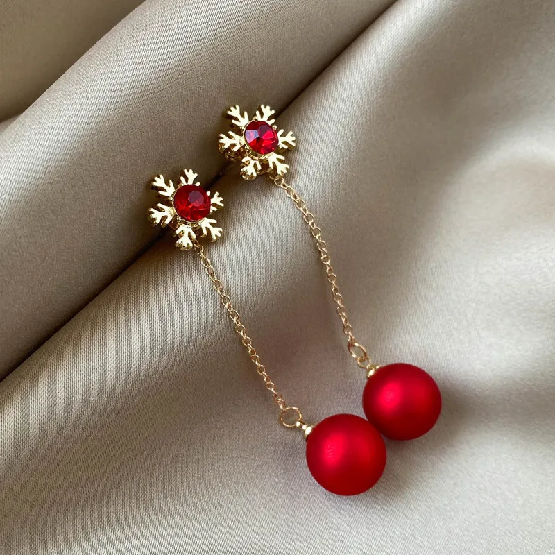 

Silver Needle Christmas Snowflake Red Pearl Personalized Long Trendy Style Versatile Drop Earrings For Women Accessories