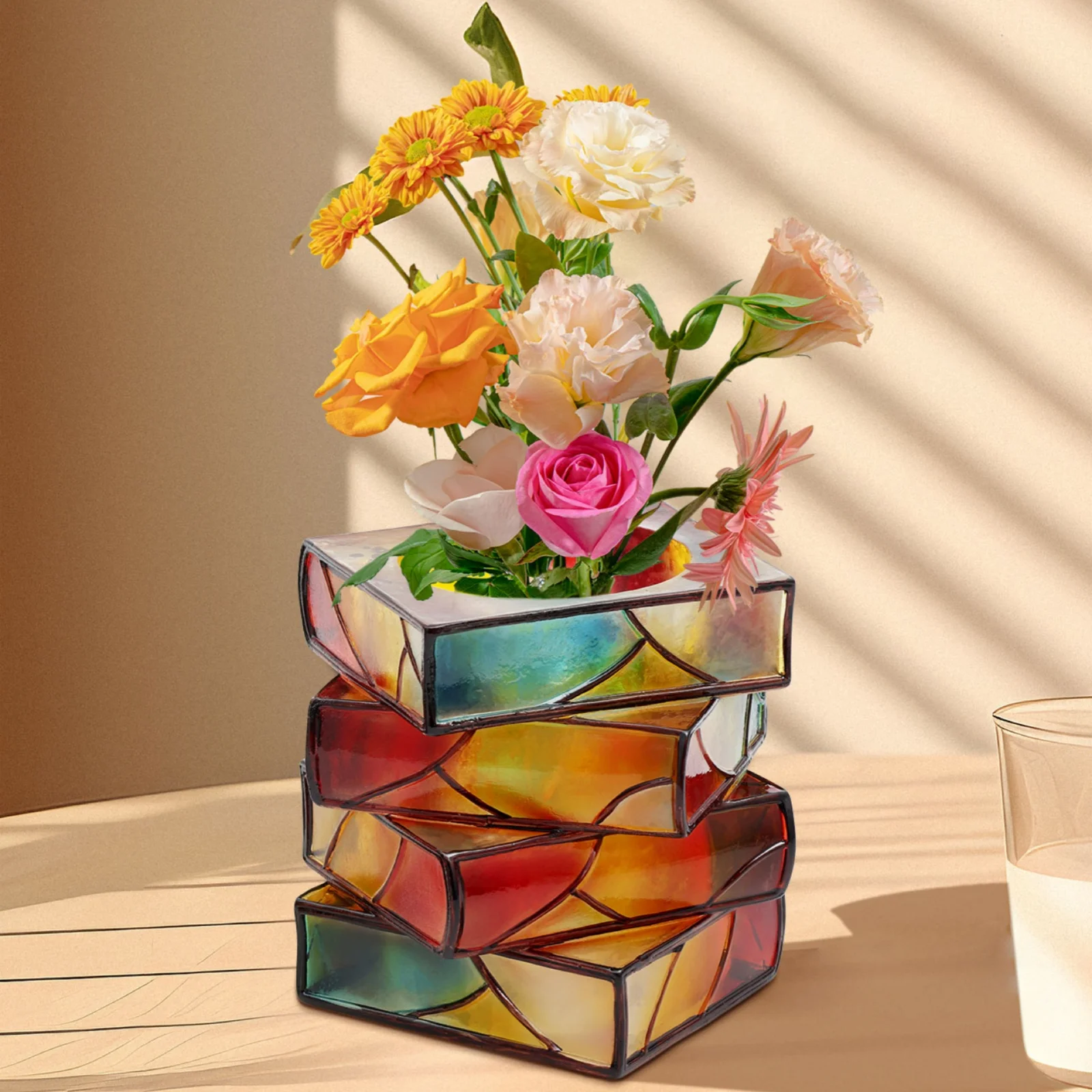 

1 Pc Vase Book Shaped Planter 3/4 Layer Creative Colorful Flower Pot Stacked Books Resin Vase for Cafe Gift Shop Home Decoration