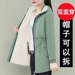 Double- Sided Trench Coat 5XL Womens 2024 Spring Autumn New Hooded Casual Windbreaker Jacket Female Slim Outerwear Tops