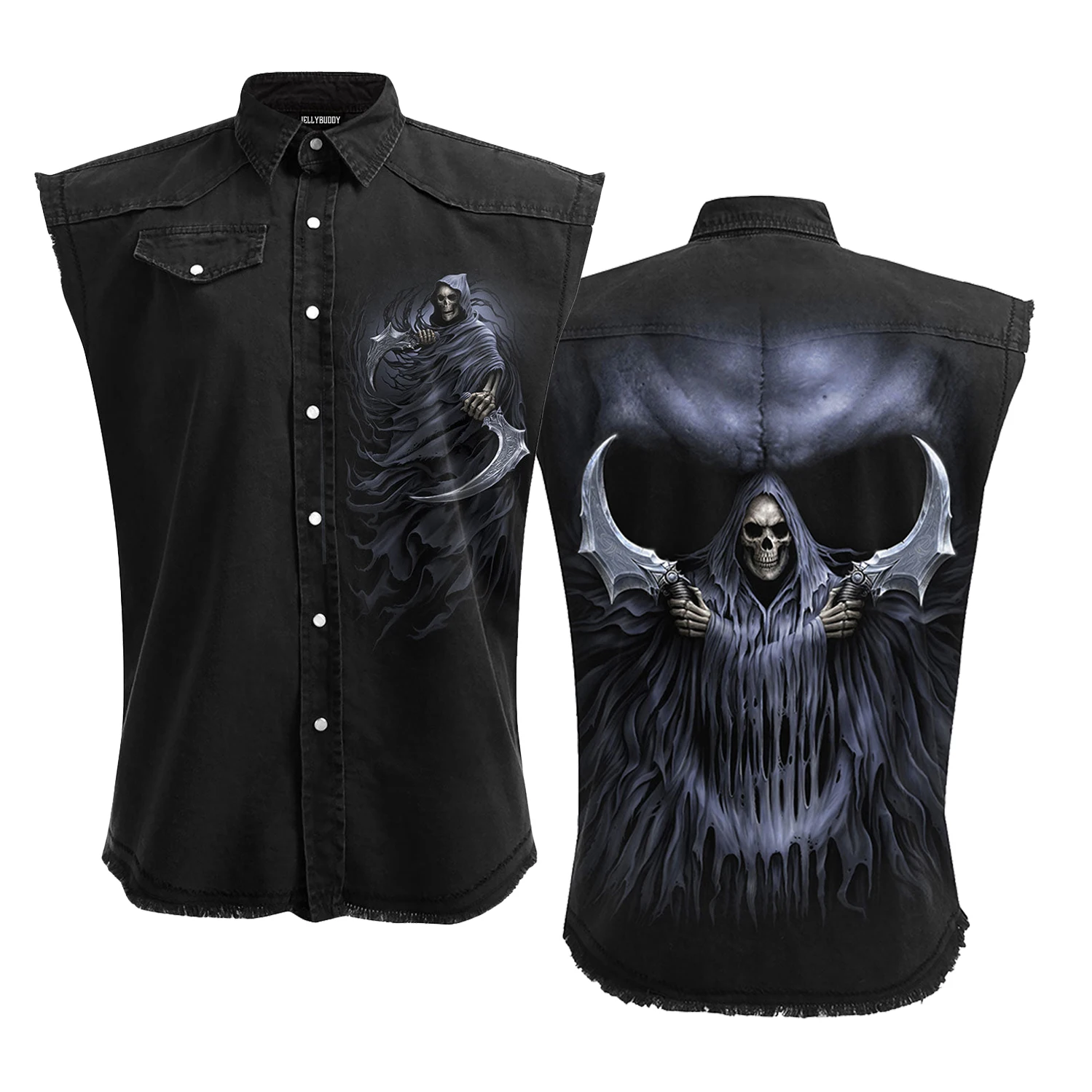 Men\'s Denim Blouse Retro 3D Skull Graphic Print Sleeveless Shirt Fashion Pocket Decor Turn-down Button Sleeveless Shirt