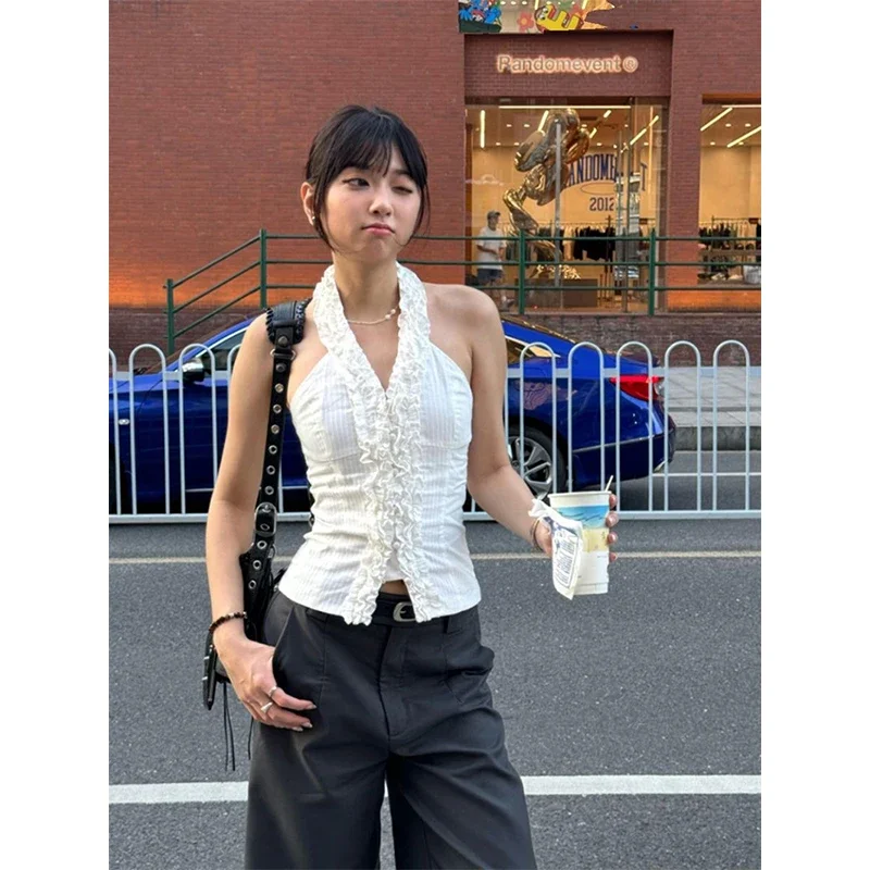 Y2K Cropped White Shirts Women Aesthetic Sexy Halter Ruffles Blouses Summer Korean Fashion Off Shoulder Slim Design Tops