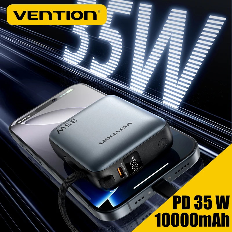 Vention Power Bank 10000mAh 35W PD Szybka ładowarka z kablem typu C Mini Powerbank Zewnętrzna zapasowa bateria pomocnicza do smartfona