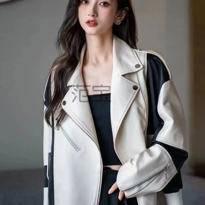 Leather Jacket Woman Black White Lapels Short Jacket Autumn Winter 2025 New Spliced Zipper Long Sleeves Coat Casual Slimming Top