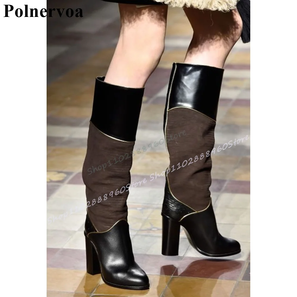

Catwalk Knee High Mixed Splicing Boots Chunky High Heel Shoes For Women Slip On Round Toe 2026 Fashionable Zapatos Para Mujere