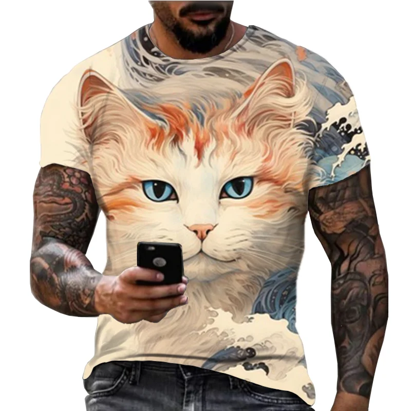 2024 New Men's 3D Printed Animal Lion Cat Harajuku Fashion Casual Loose Large Round Neck Short Sleeve T-shirt