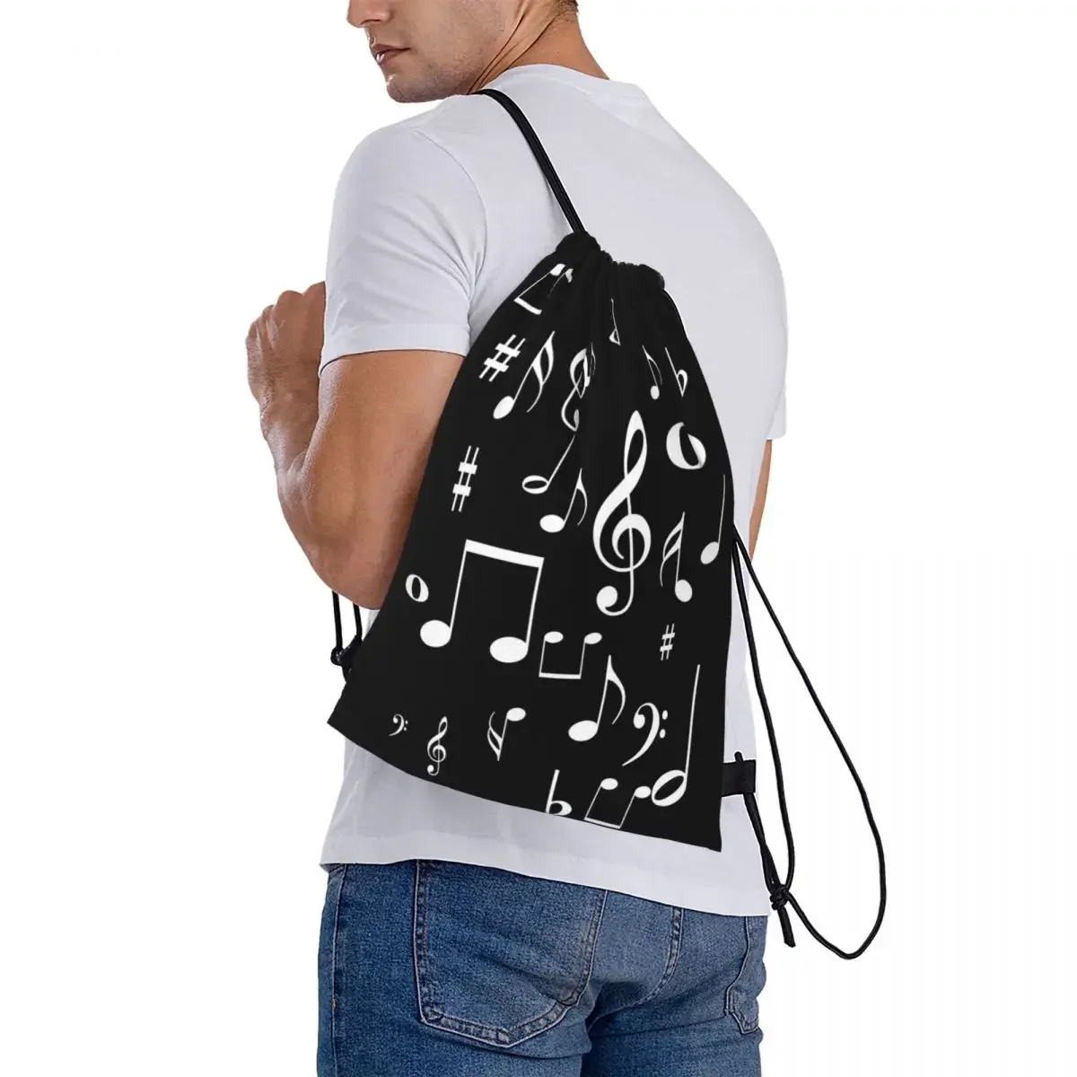 Sacos de cordão portáteis com pacote, música notas mochilas, moda pacote, sapatos saco, bookbag para viagens e escola