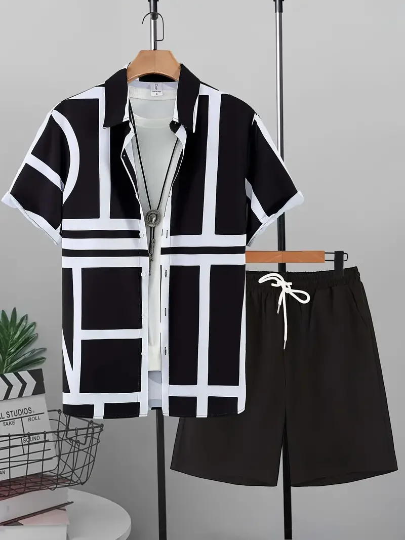 Striped Pattern Print 2-piece Men's Casual Summer Outfit Set Men's Creative Short Sleeve Button Lapel Shirt Top Shorts Suits