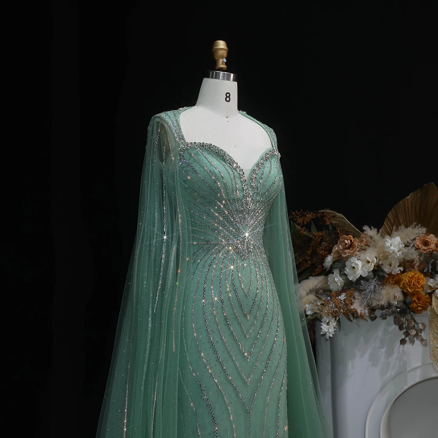 Sharon Said Elegante Abendkleider mit Cape-Ärmeln, Perlenbesetzte Meerjungfrauenkleider, Arabische Luxus-Formelle Ballkleider für Damen SS130 Maßanfertigung – Detail 14