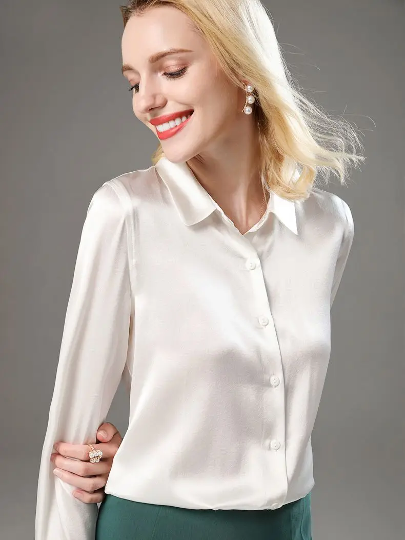 SuyaDream Woman Dress Shirts Woman 95%Silk 5%Spandex Basic Solid Turn Down Collar Chic Blouse Shirt 2022 Spring Fall Top White