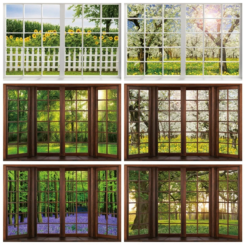 

Window Spring Scenery Photography Backdrop Green Forest Nature Flower Background Party Wall Decor Family Photo Photographic Prop