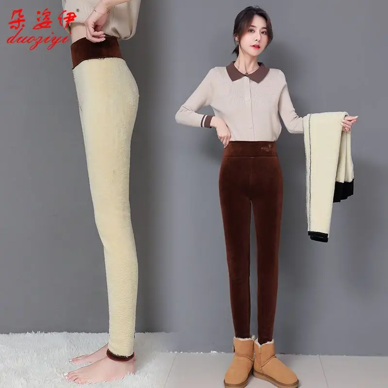 2023 New Autumn Winter Fashion Women Pants High Waist Slim Lamb Fleece Leggings Embroidery Simple Extra Thick Warm Leggings Pant