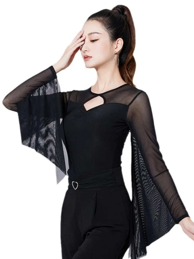 메쉬 패치워크 플레어 슬리브 슬림 롬퍼 – 공연 및 대회를 위한 우아한 모던 댄스 무대 의상 Waltz Adult Top