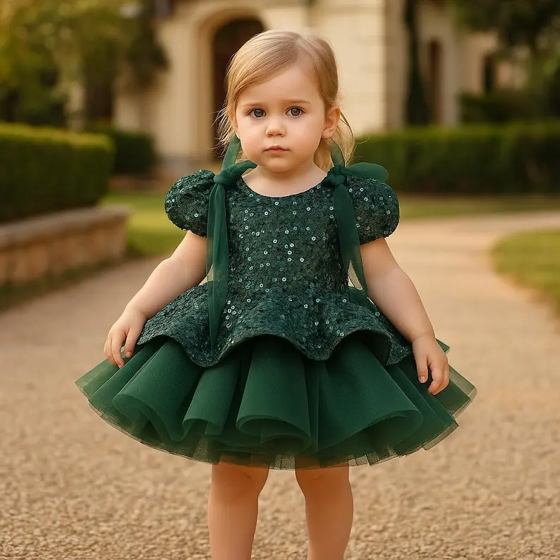 Handmade Emerald Green Sequin Tulle Dress: Baby Girl Party Outfit