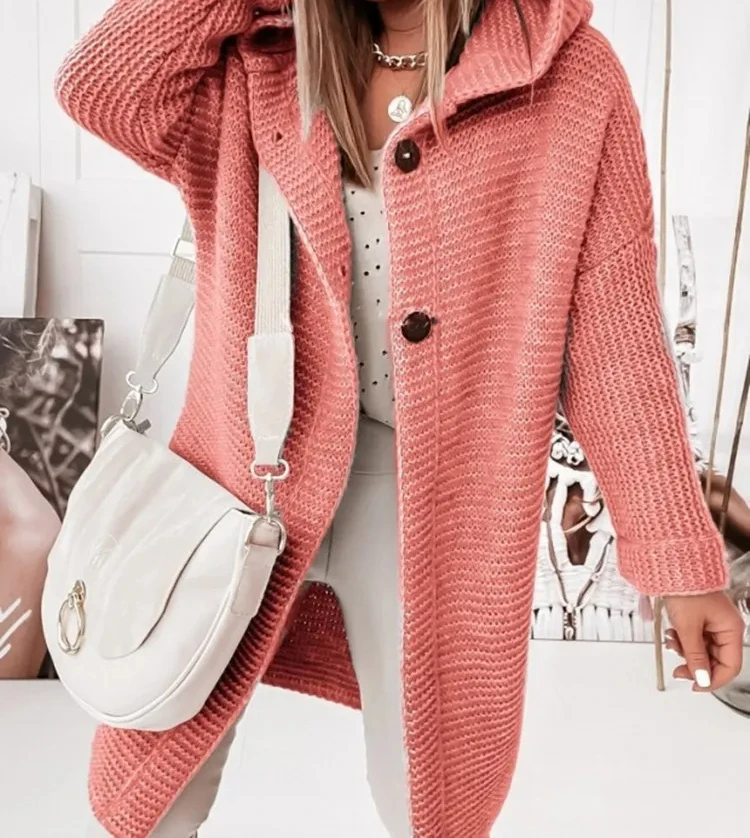 Hooded Cardigan 2024 Spring Knitted Women Khaki Pink Autumn Winter Elegant Long Outerwear Maxi Y2k Sweater Coat Soft Jacket