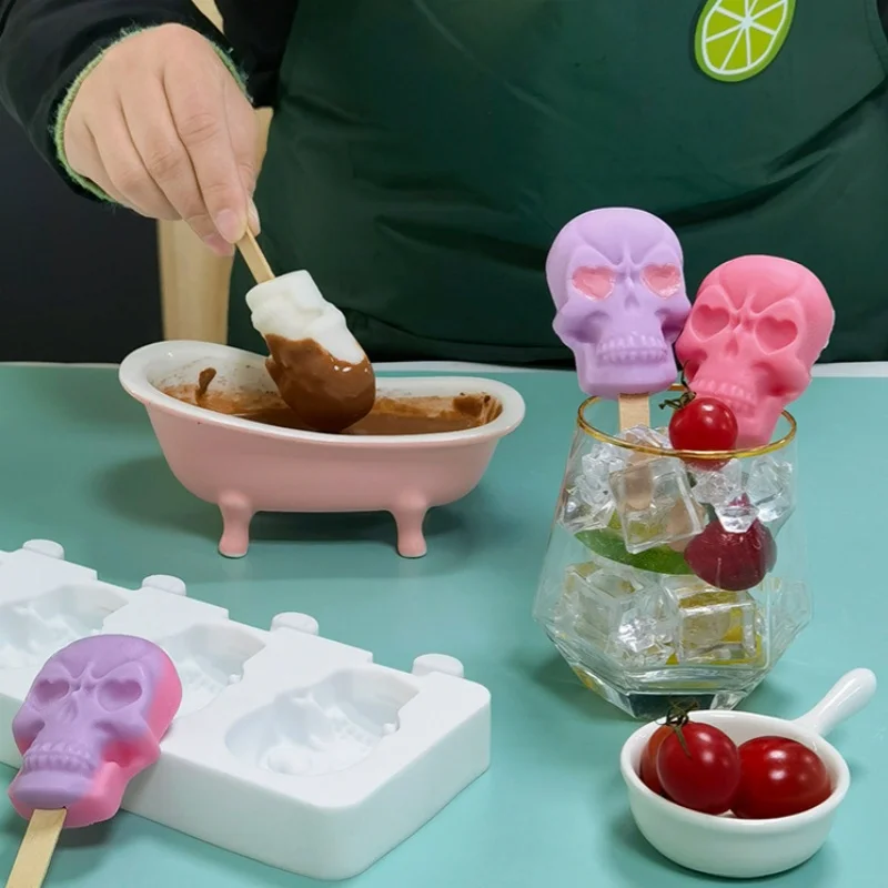 Molde de silicona para helado de 6 calaveras, molde para helado de paleta casero, suministros de cocina, máquina de hielo, palitos para paletas, molde de Chocolate