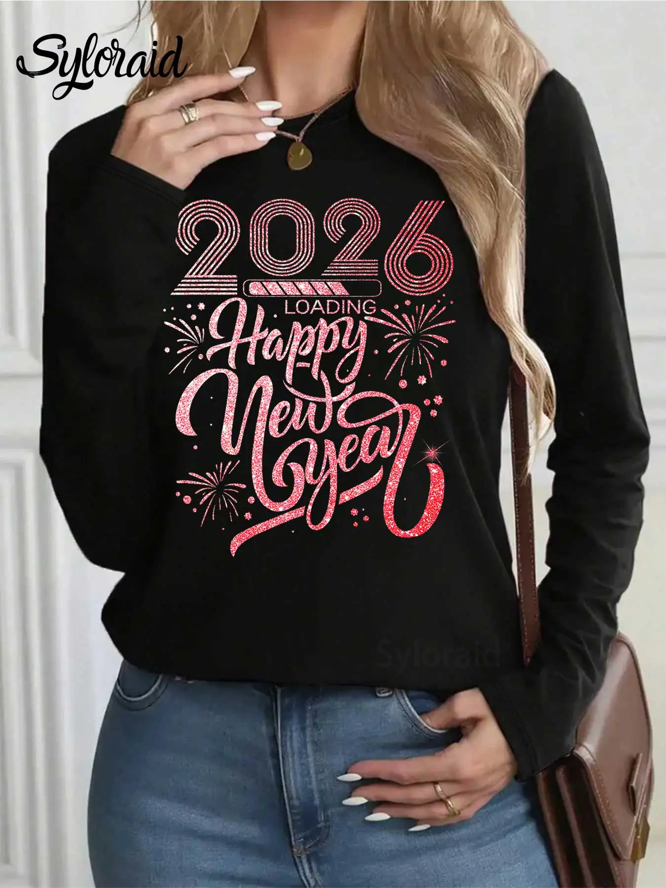 Women's Long Sleeve T Shirt Pink "Happy New Year 2026" Fireworks Print T Shirt Fashion Round Neck Casual Top