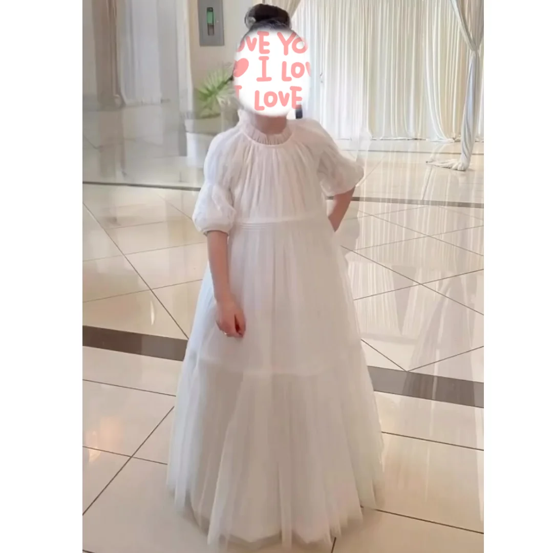 Customized Flower Girl Dress Ivory Tulle Tiered Half Sleeve For Wedding Birthday Party Banquet Holy Communion Gowns