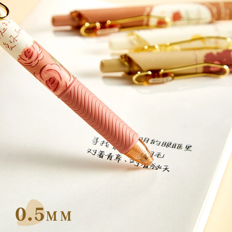 4pcs Rose and Poetry 0.5mm Black Press Gel Pens Animation Student Writing Ink Pen Ballpoint Pen School Office Stationery