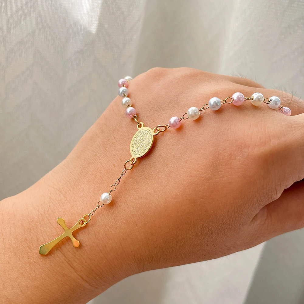 لطيف سوار الوردية للنساء مجوهرات الزفاف 4 مللي متر تقليد حبات اللؤلؤ مادونا الفولاذ المقاوم للصدأ الذهب اللون الصليب المعمودية هدية