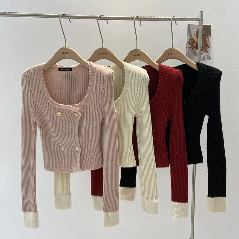 High Quality Women Winter New Sweet Cute Double-Breasted Short Section Long-Sleeved Knitted Cardigan Sweater Top