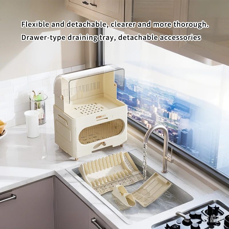 ตู้ชามครัวพับได้อเนกประสงค์สไตล์โมเดิร์น, ตู้เก็บของบนโต๊ะอาหารพลาสติกในครัวเรือน, สําหรับจาน/ชาม/บนโต๊ะอาหาร, การออกแบบวางซ้อนกันได้และประหยัดพื้นที่, เหมาะสําหรับหอพัก, บ้านเช่า