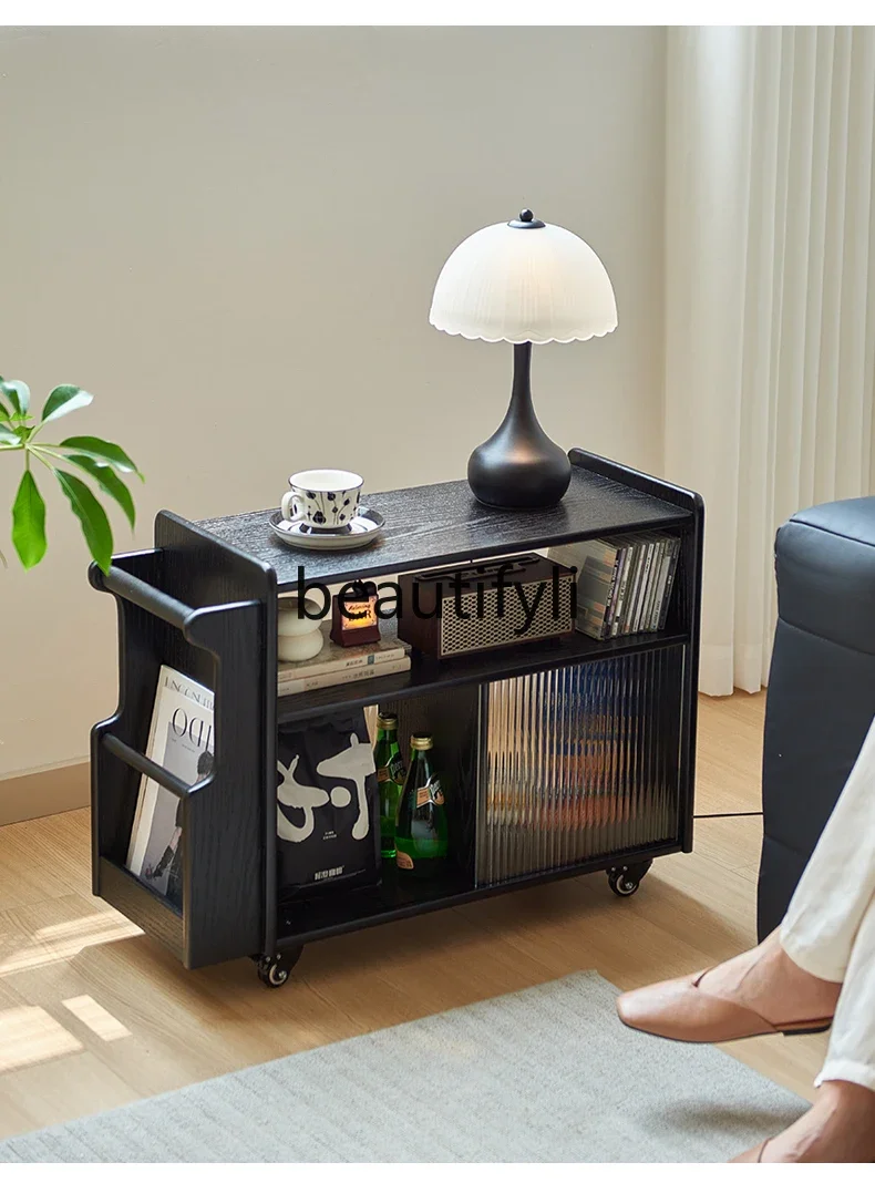 

Solid wood edge few small coffee table removable black trolley locker rack