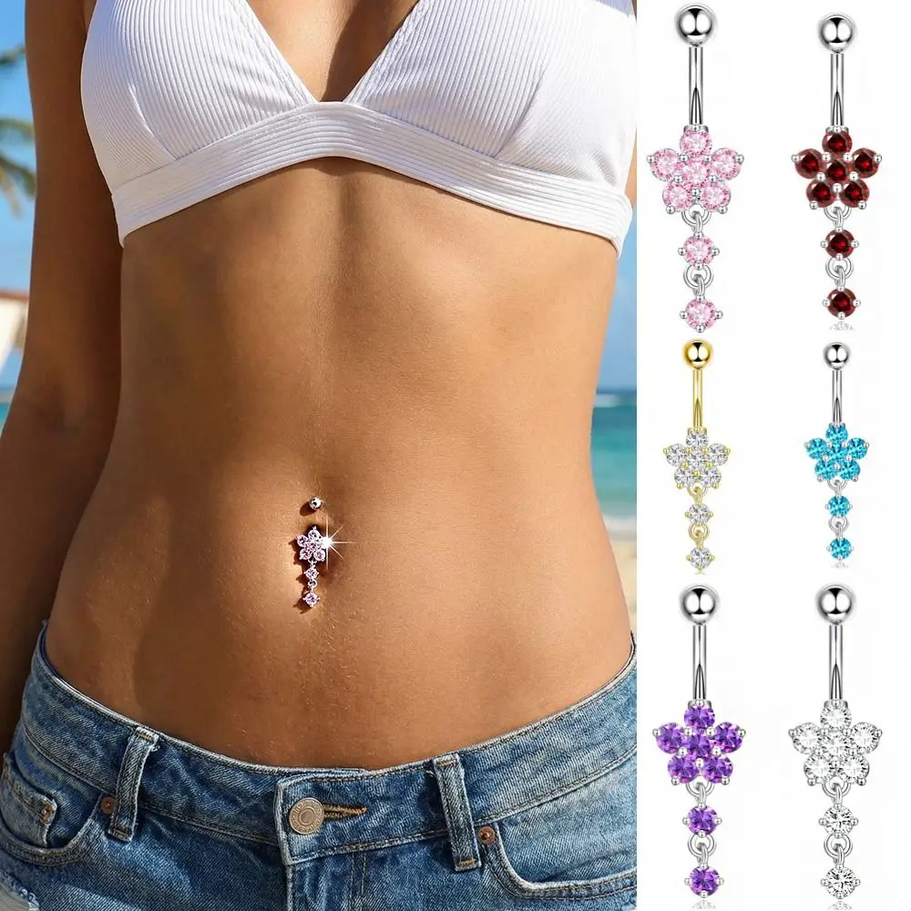 Stainless Steel Zircon Navel Ring Colorful Piercing Flower Pendants Belly Button Ring Long Dangled Punk Body Piercing Jewelry
