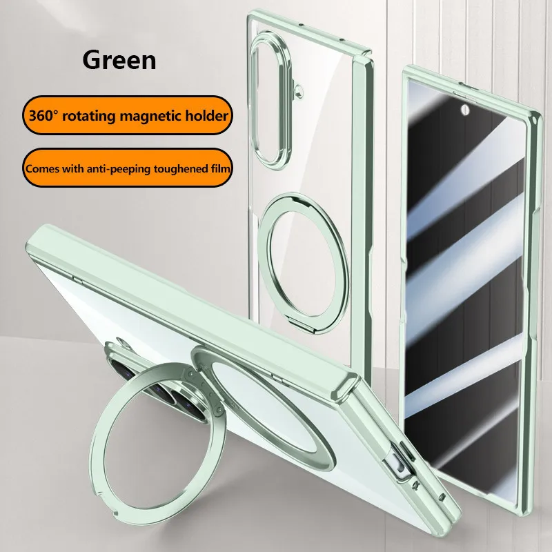 Electroplated Transparent Case For Samsung Galaxy Z Fold 7 5G Magnetic Rotation Holder Cover With Anti-Spy&Clear Tempered Glass