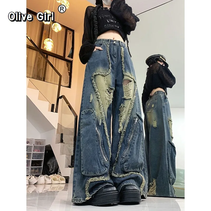

Джинсы Olivegirl, брюки с рваными дырками, лоскутные брюки с большими карманами, брюки с кисточками в американском стиле ретро, мужские и женские высококачественные широкие брюки